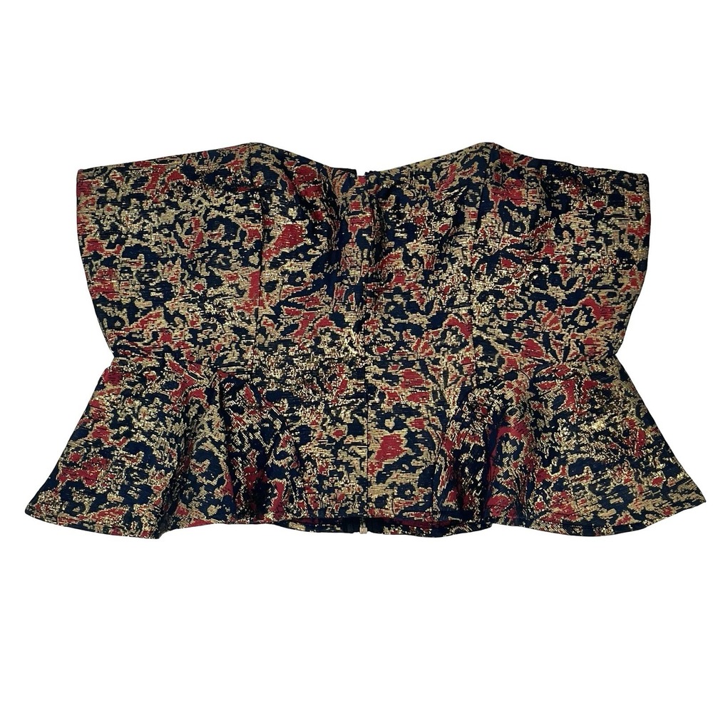 NSR Women's Small Metallic Brocade Strapless Corset Peplum Top Gold Red